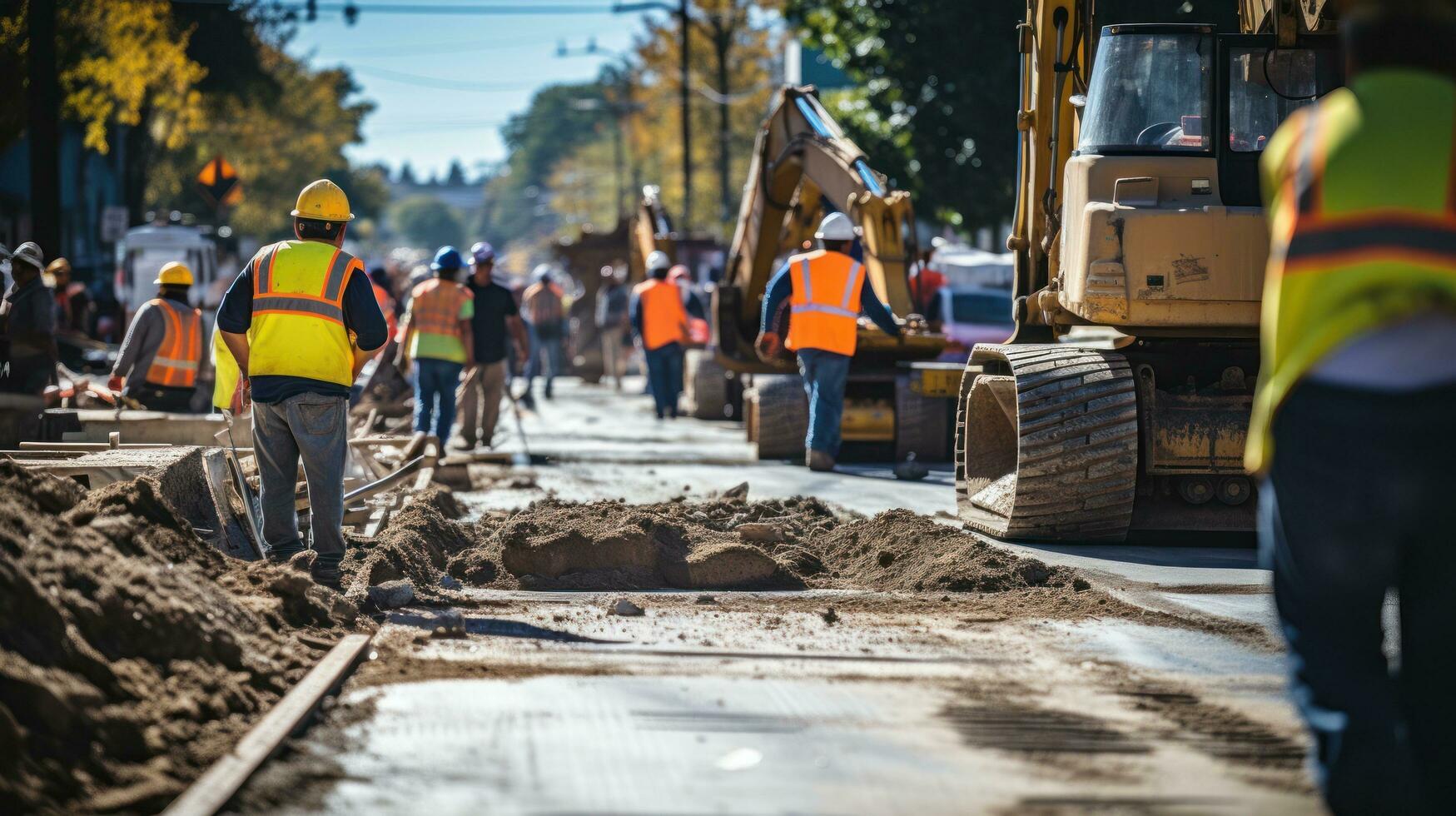 men operating heavy machinery at a construction site on a road photo