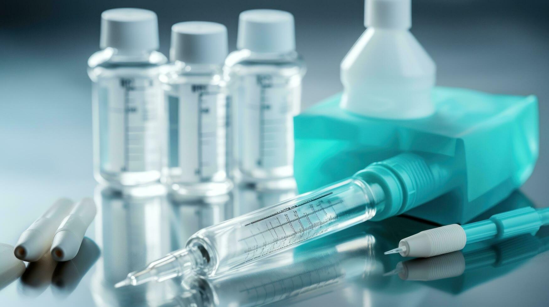 A medical worker in a white coat and blue rubber gloves fills a syringe with medicine from an ampoule through a needle. photo