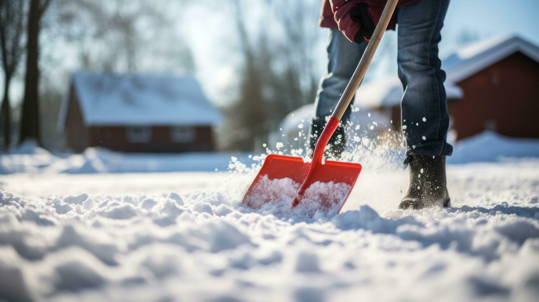 a person using a snow shovel to clear snow photo