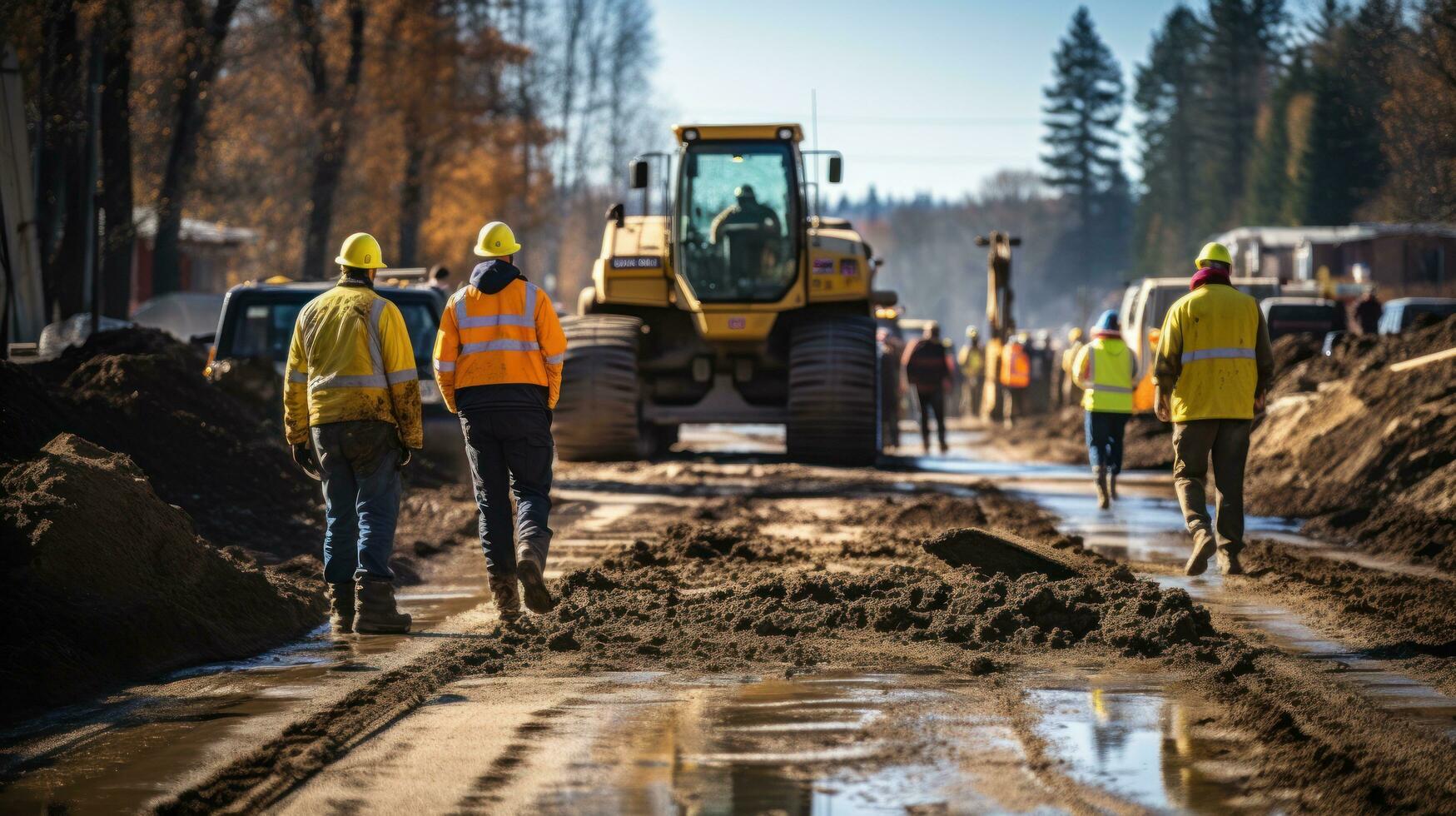 men operating heavy machinery at a construction site on a road photo