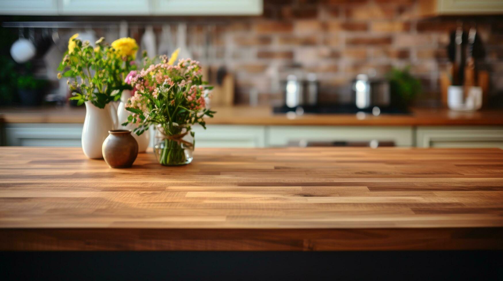 A wooden table top is shown in sharp focus against a blurred kitchen background in a detailed photograph photo