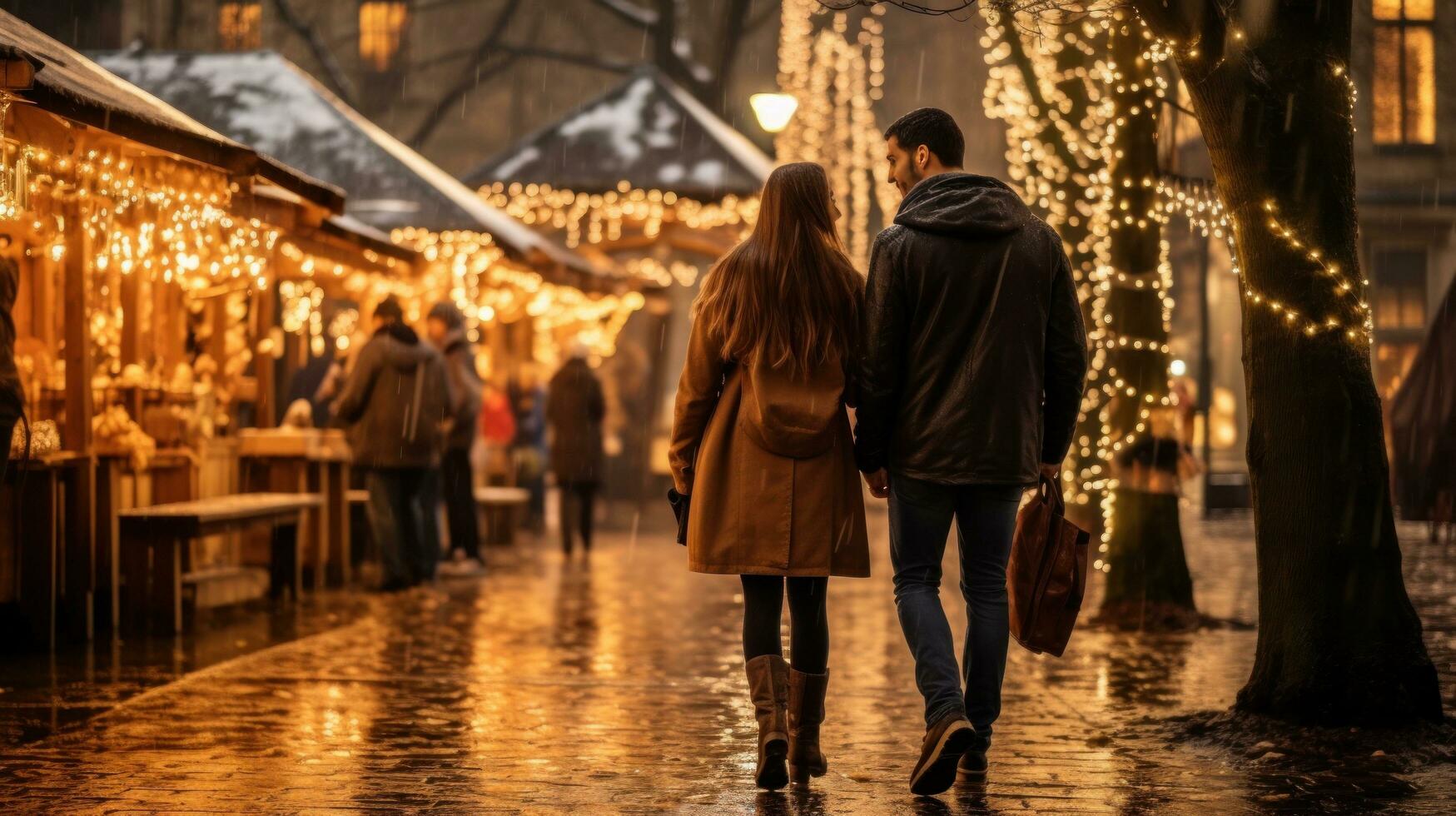 Pareja disfrutando Navidad mercado caminando cerca establos foto