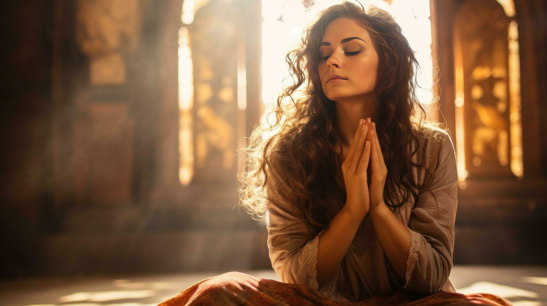 a young woman is sitting inside a church and appears to be deep in prayer. photo