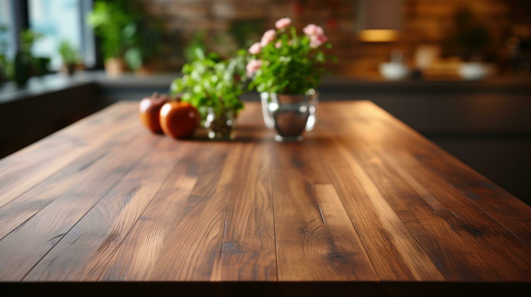 A wooden table top is shown in sharp focus against a blurred kitchen background in a detailed photograph photo