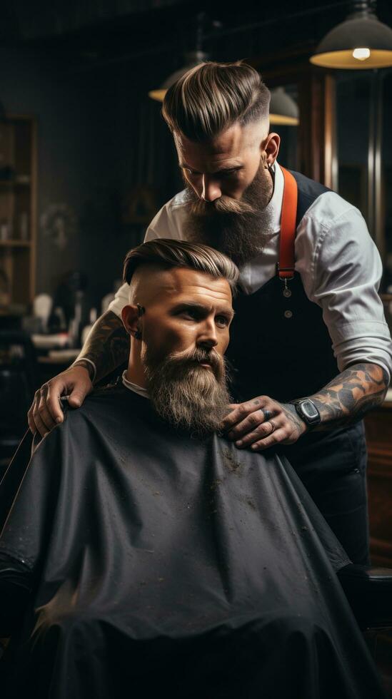 un Barbero guarnición un del hombre barba con tijeras foto