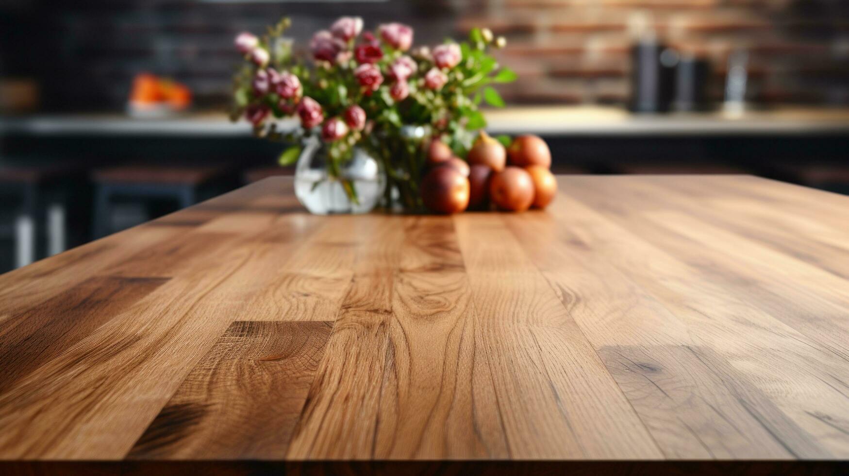 A wooden table top is shown in sharp focus against a blurred kitchen background in a detailed photograph photo