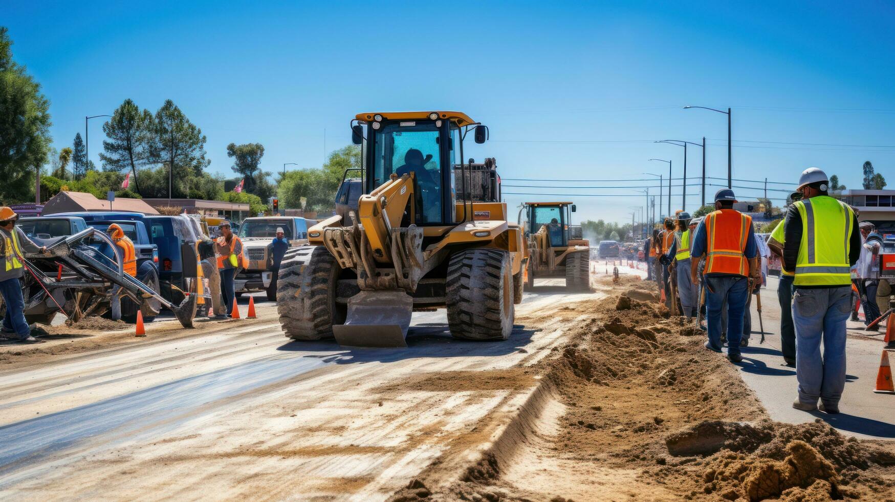 men operating heavy machinery at a construction site on a road photo