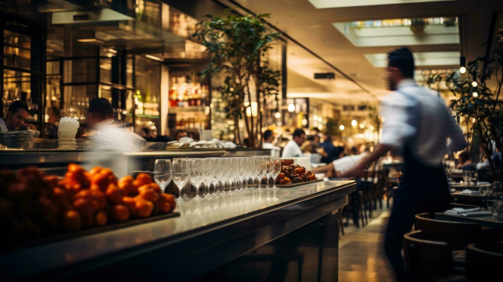 a restaurant scene with a blurred background. In the foreground, there are people eating and chefs and waiters working. photo