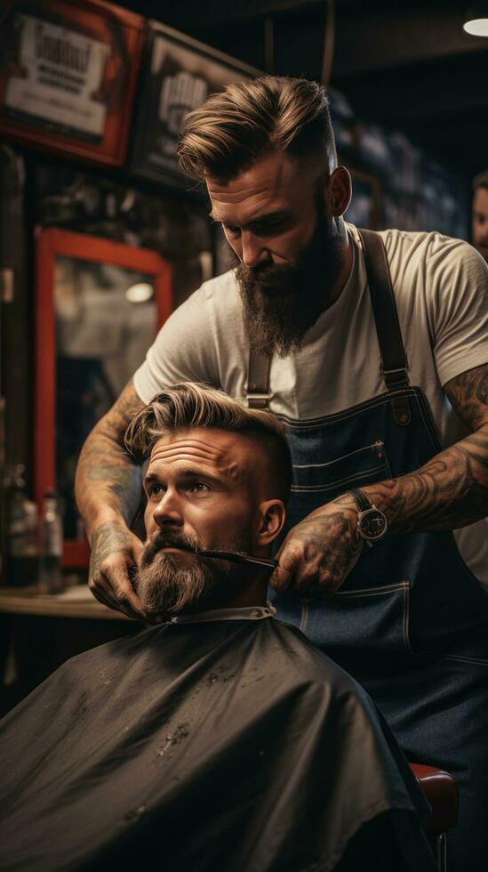 A barber trimming a man's beard with clippers photo