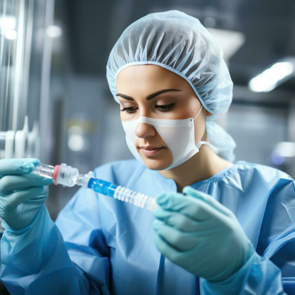 A medical worker in a white coat and blue rubber gloves fills a syringe with medicine from an ampoule through a needle. photo