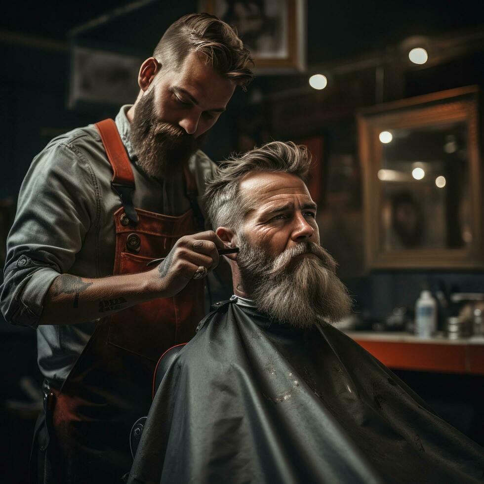 un Barbero guarnición un del hombre barba con tijeras foto