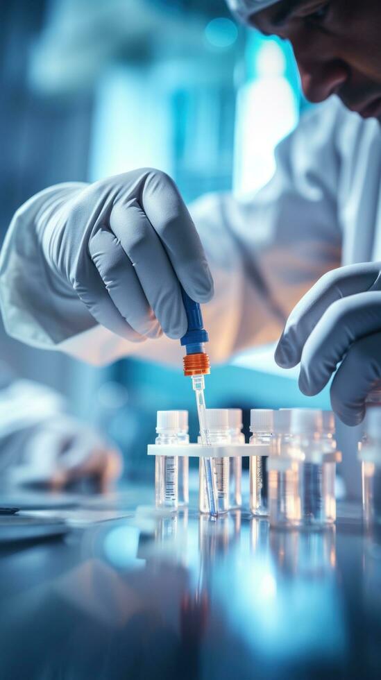 A medical worker in a white coat and blue rubber gloves fills a syringe with medicine from an ampoule through a needle. photo