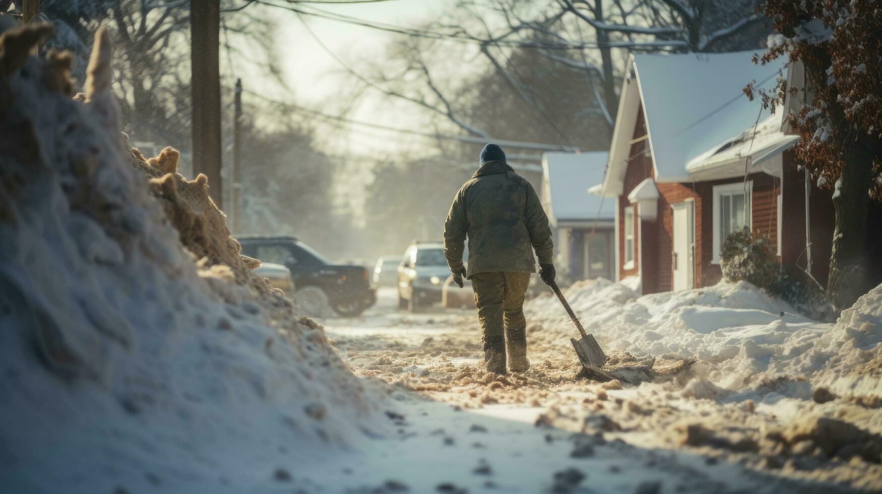 a person using a snow shovel to clear snow photo