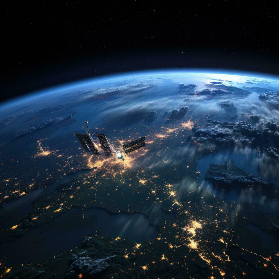 astronomía satélites observar tierra a noche desde espacio foto