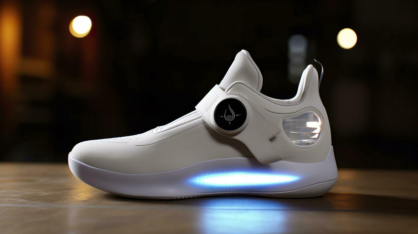 Futuristic fashion original sneakers. Future design of stylish sports shoes with neon glow, futuristic urban aesthetics. Sportswear, style and fashion, tomorrow footwear. AI Generative photo