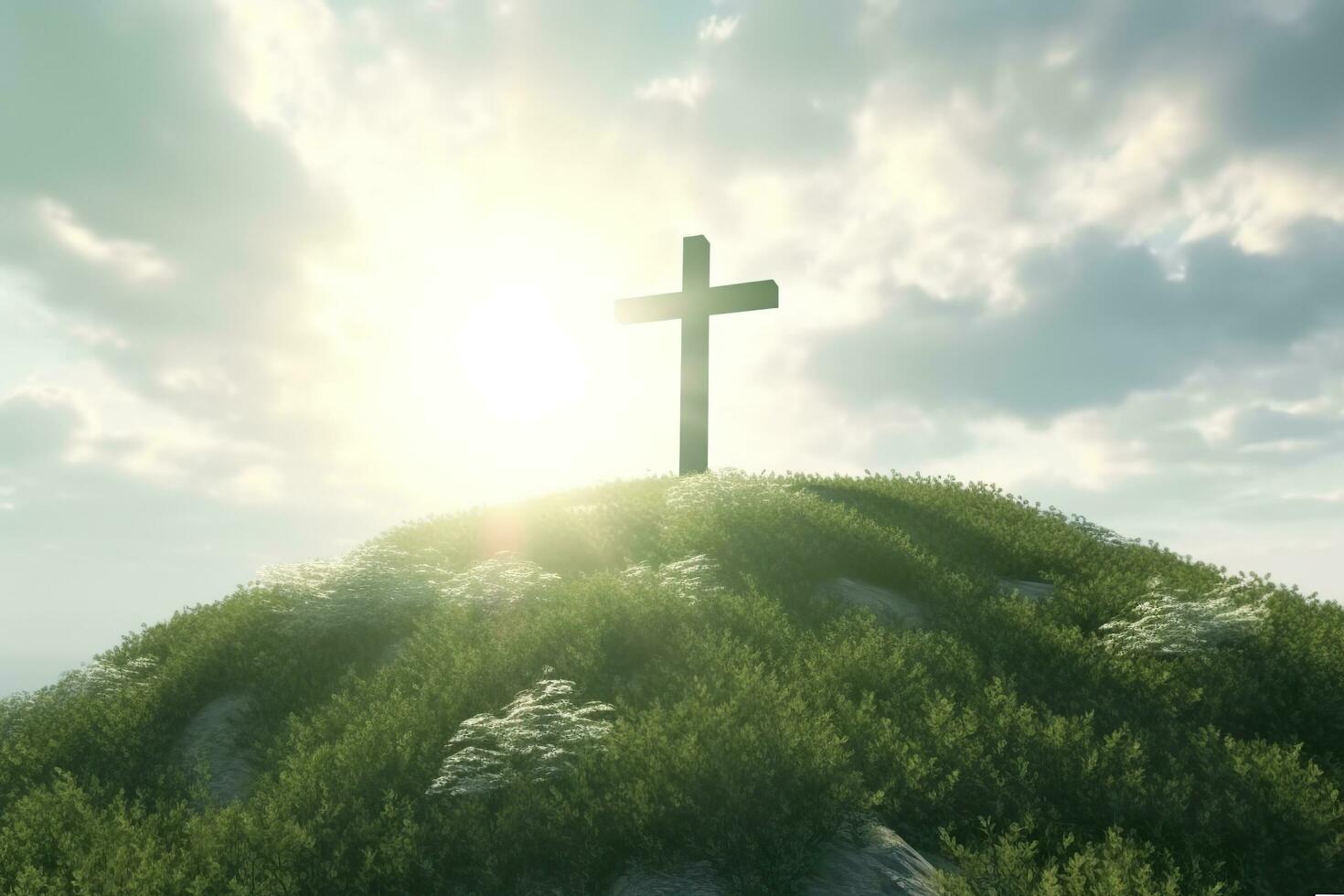 The cross of God with green Leaf, in the rays of the sun and blue sky. Cross on the hill with green trees and graeen natural view. Religious concept, AI Generative photo