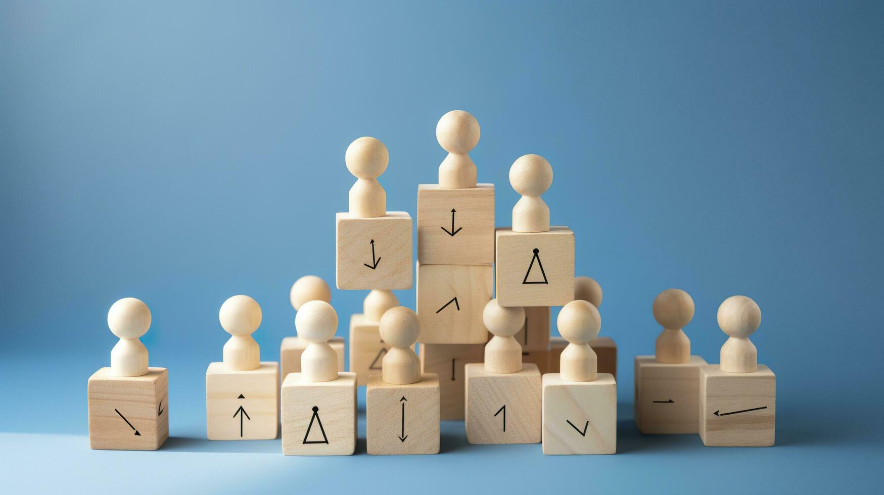 Many wooden cubes with people symbols and one with a lightbulb symbol on blue background. AI Generative photo