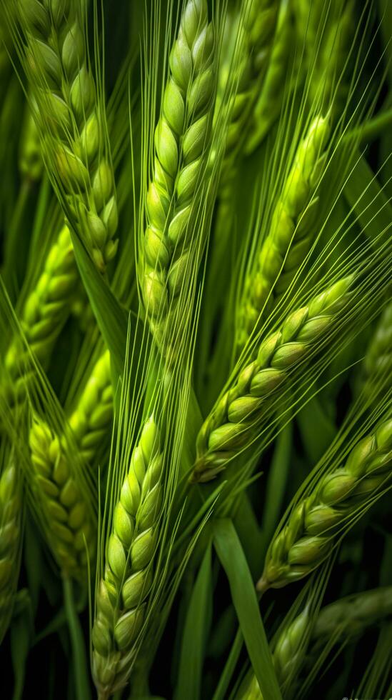 Green barley spike closeup, Green wheat, full grain, Close up of an ear of unripe wheat, AI Generative photo