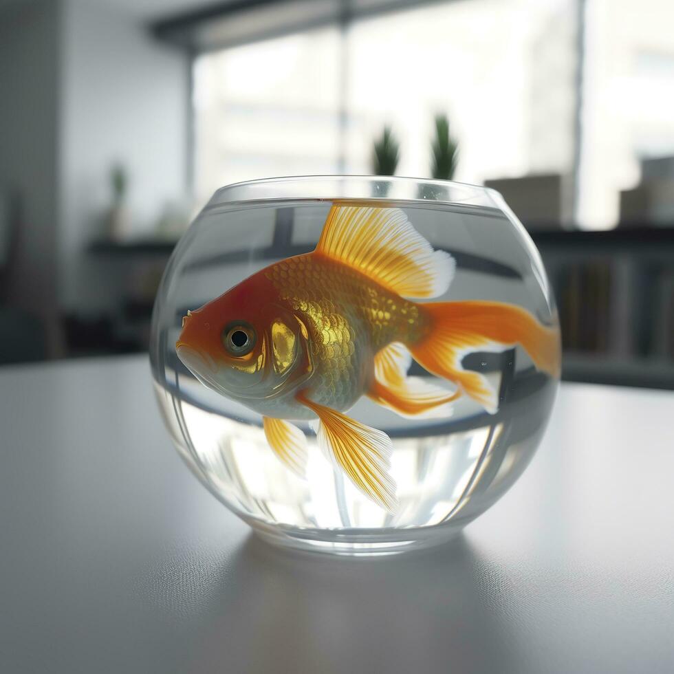 Beautifully colored goldfish swim in the clear aquarium water. 3d animation swimming goldfish.  AI Generative photo