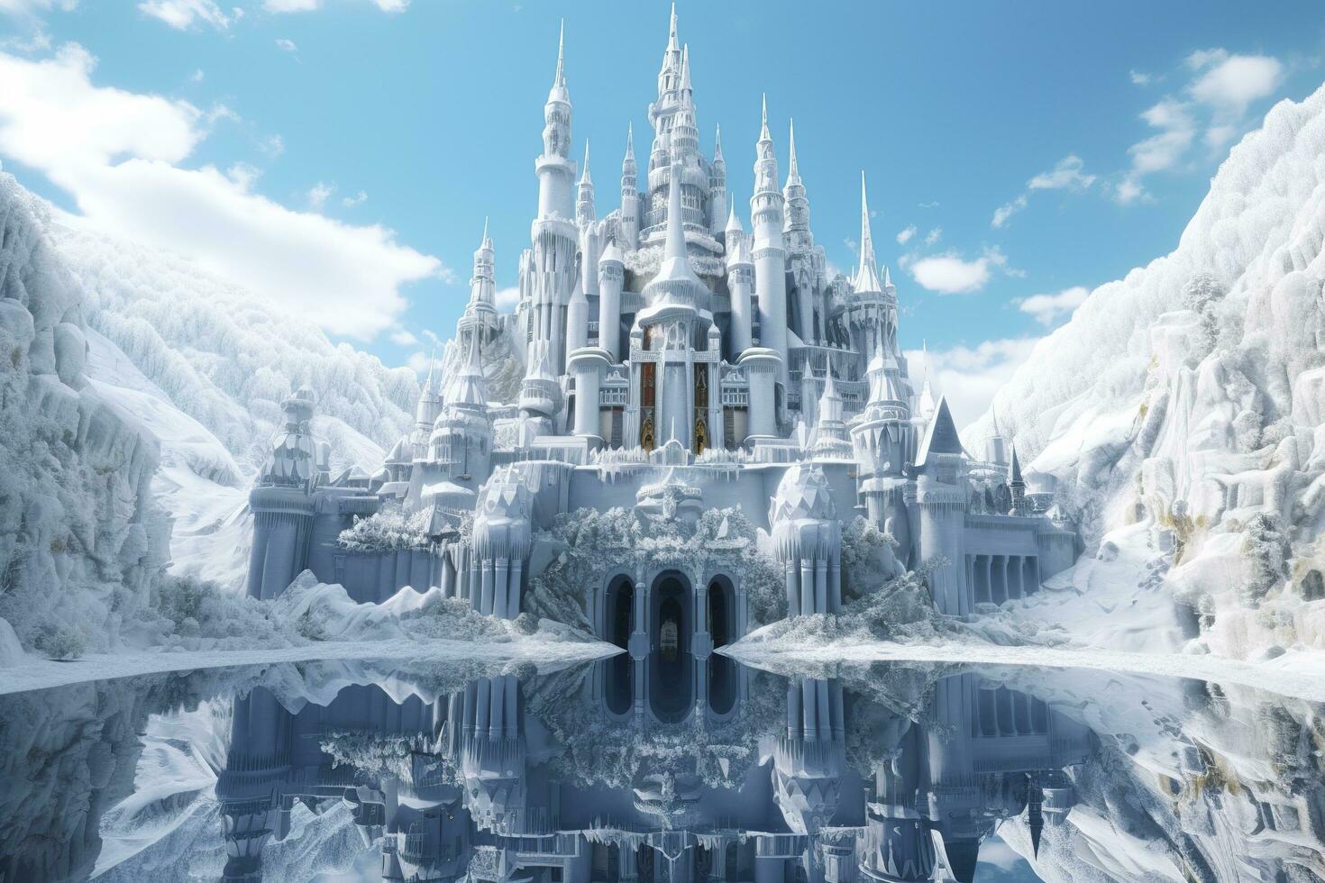 A Snowy Wonderland, A 3D Rendering of Elsa Castle in a Blue Snowy Mountain Background. AI Generative photo