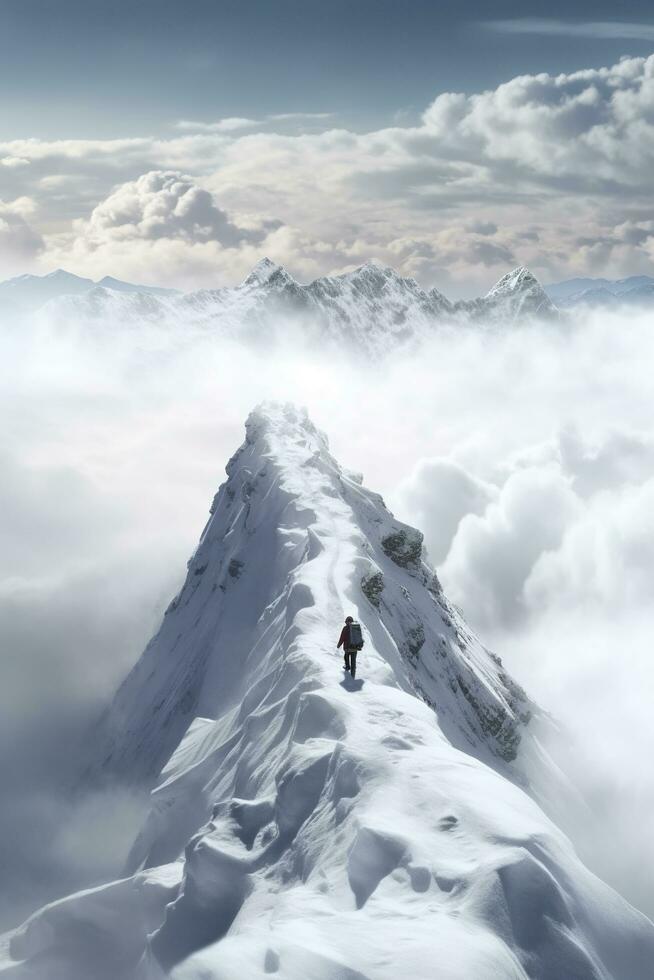 Man on top of mountain, walking through clouds, AI Generative photo