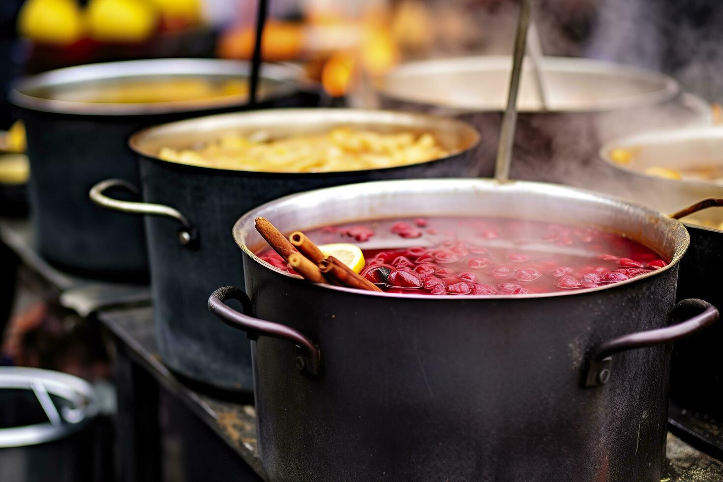 Beverages fruits and berries hot mulled wine in pots with steam in street food market. Generative AI photo