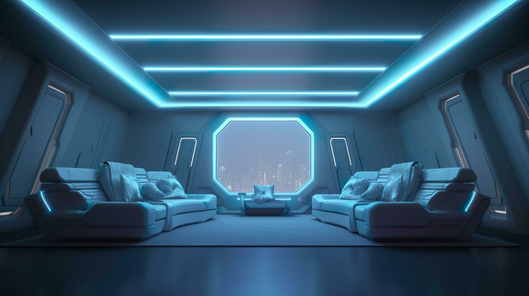 Empty Wall in a Futuristic Sci Fi Living Room with Light Yellow, Light Cyan, and Light Blue Neon. AI Generative photo