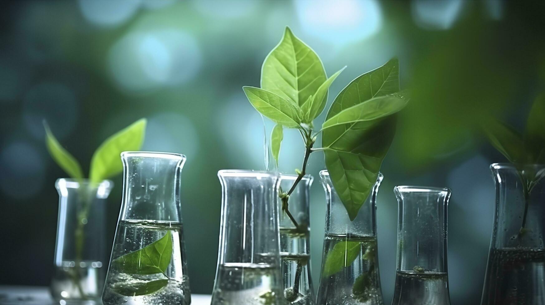 Biotechnology concept with green plant leaves, laboratory glassware, and conducting research, illustrating the powerful combination of nature and science in medical advancements.  AI Generative photo