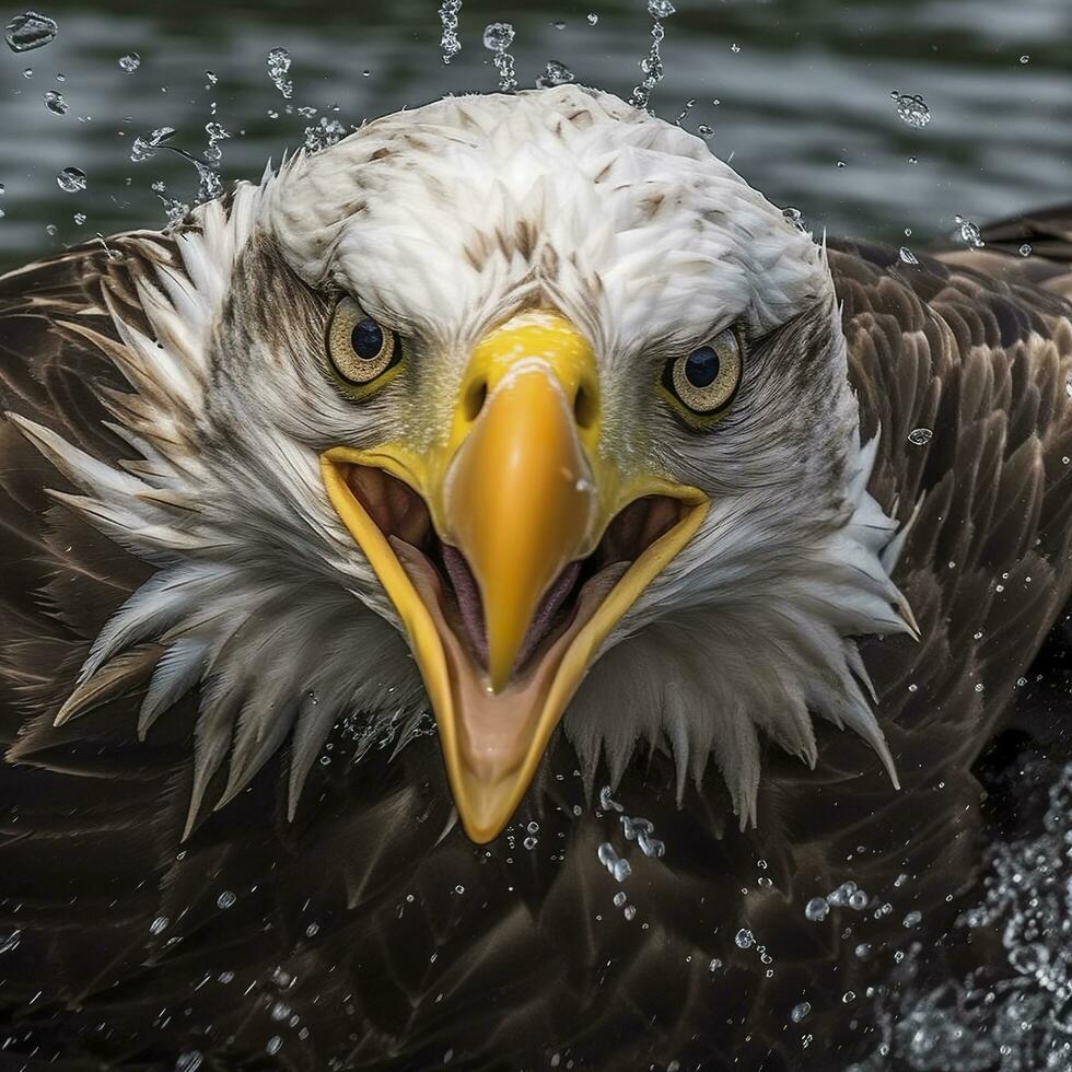 Fishing Bald Eagle, a bald eagle facing camera catches a fish out of the water, in the style of National Geographic contest winner, super telephoto close up. AI Generative photo