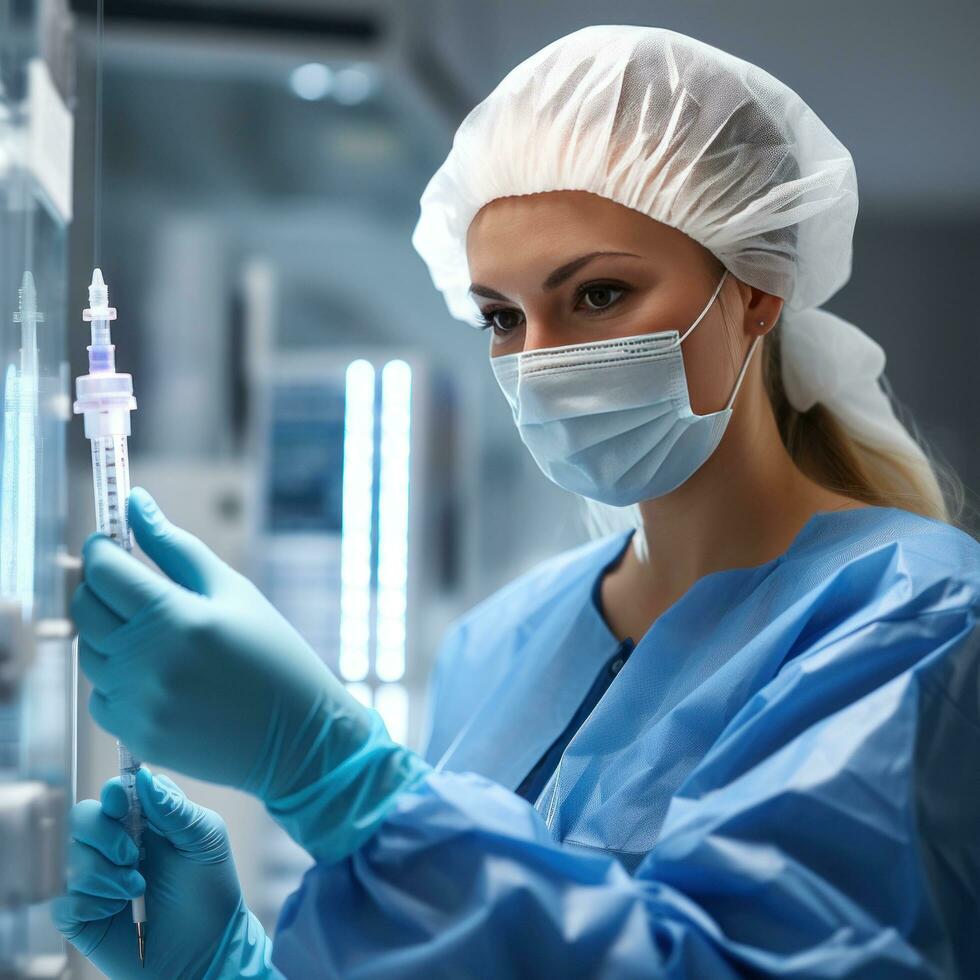 A medical worker in a white coat and blue rubber gloves fills a syringe with medicine from an ampoule through a needle. photo