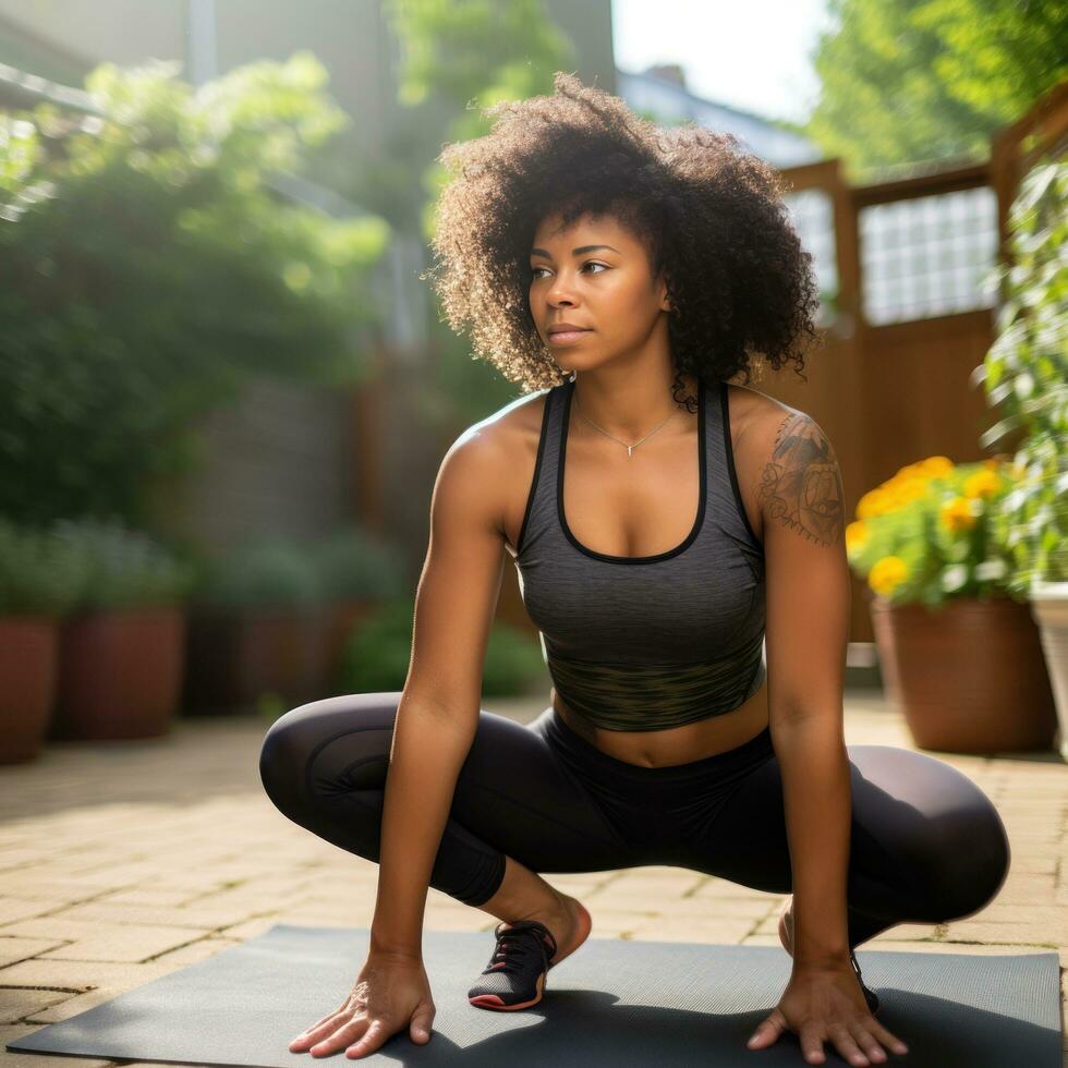 a black woman practicing yoga photo