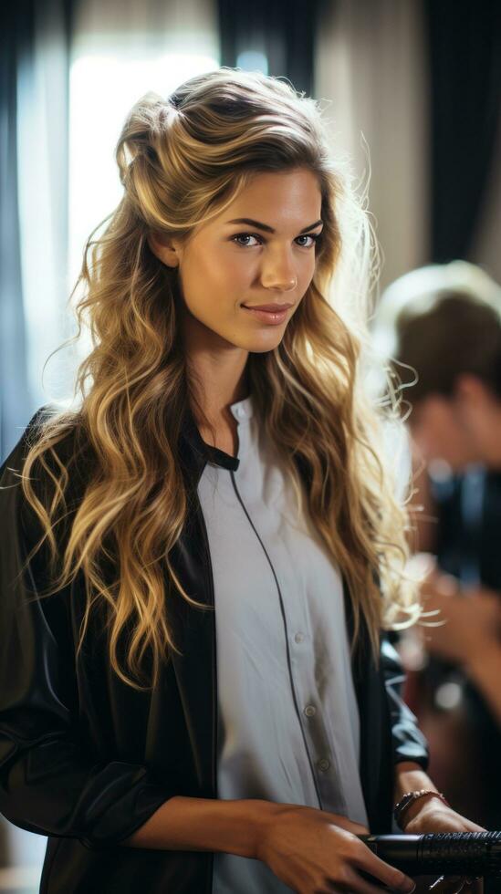 A stylist using a curling iron on a client's hair photo