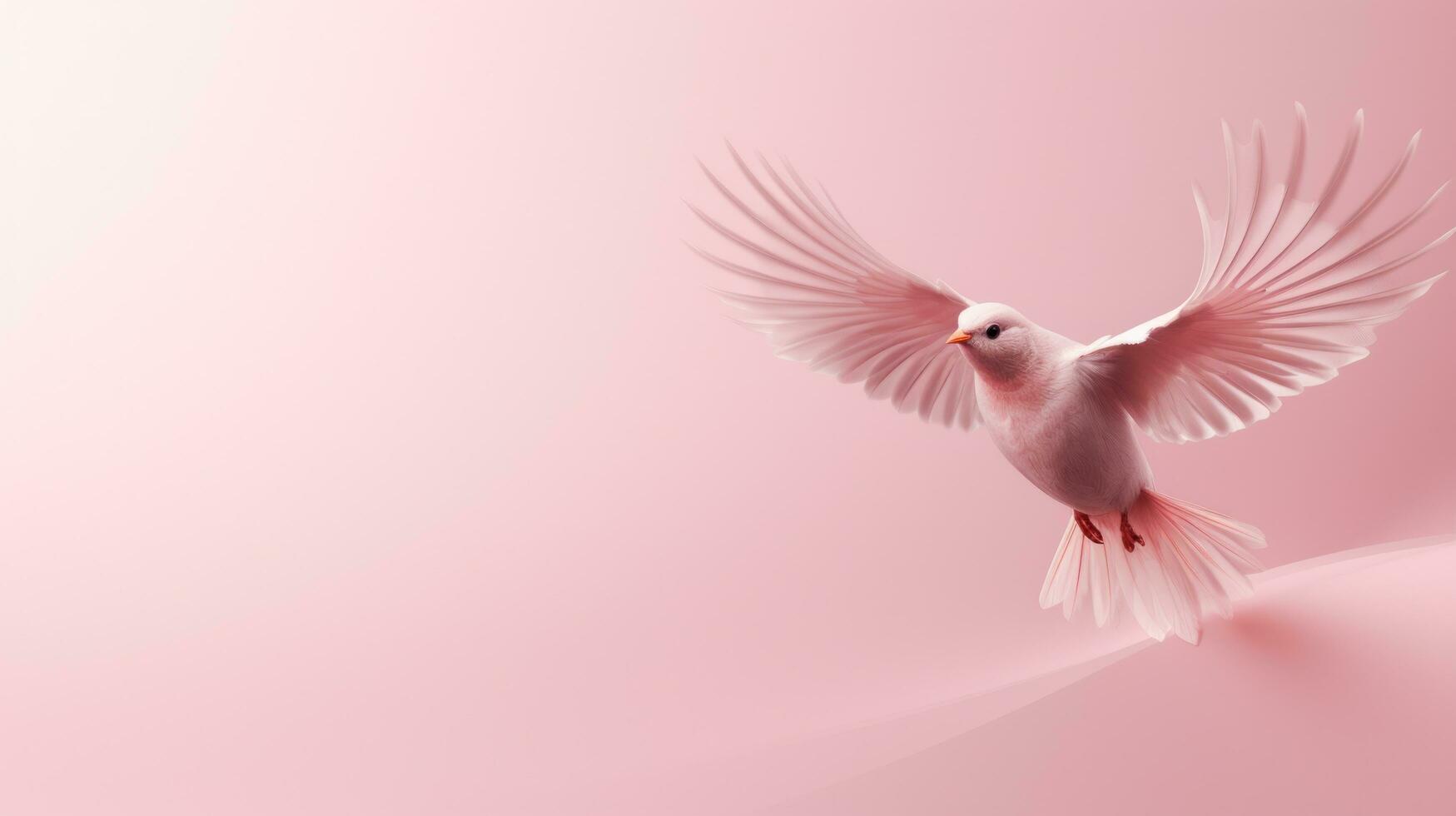 Pink bird flying on solid minimalist pink background photo