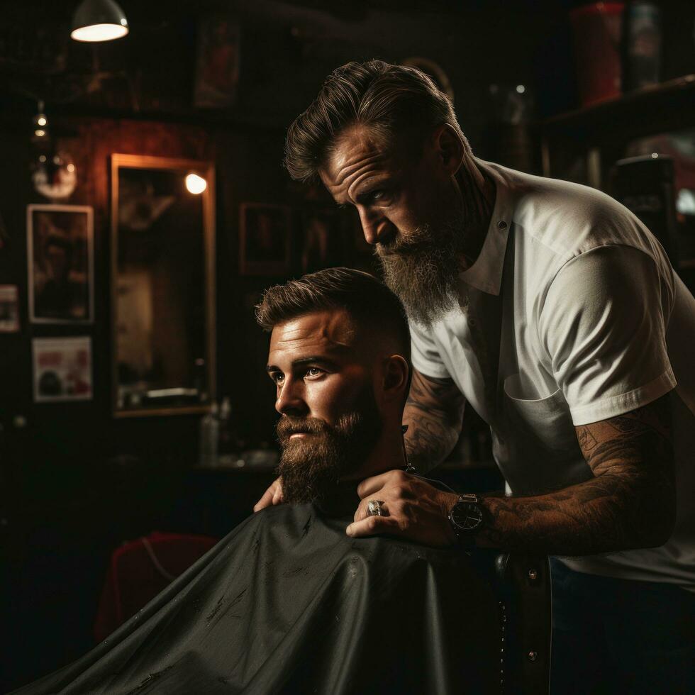 un Barbero guarnición un del hombre barba con tijeras foto