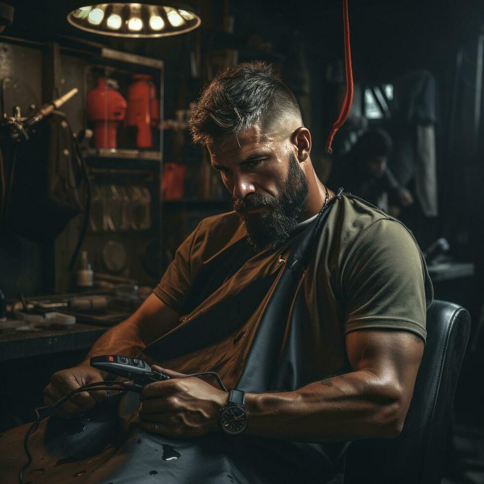 A man getting a buzz cut with electric clippers photo