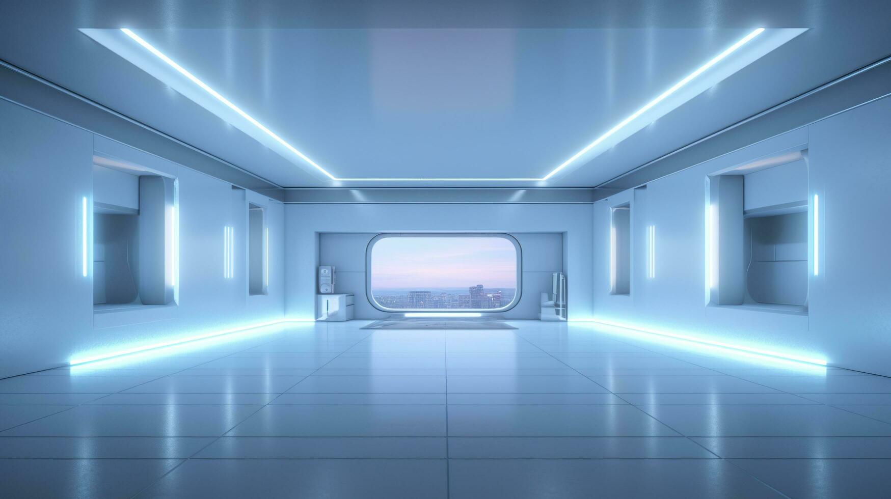 Empty Wall in a Futuristic Sci Fi Living Room with Light Yellow, Light Cyan, and Light Blue Neon. AI Generative photo