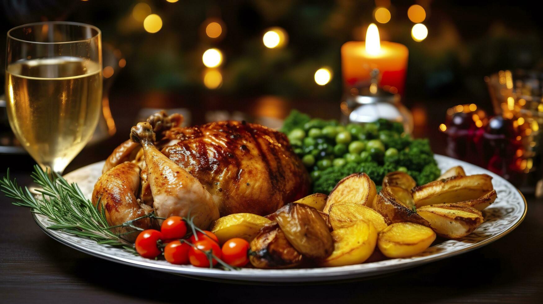 Juicy and tasty roast turkey on a plate with Christmas decorations. Roasted chicken with vegetables, Roast chicken party, all kinds of food, beer. AI Generative photo