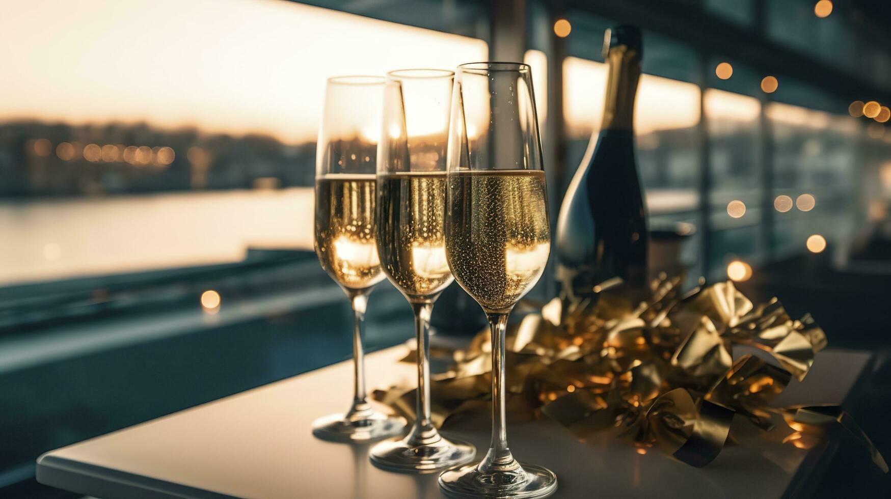 Luxury evening party on a cruising yacht with a champagne setting. Champagne glasses and bottles with champagne with bokeh yacht in the background, nobody. AI Generative photo