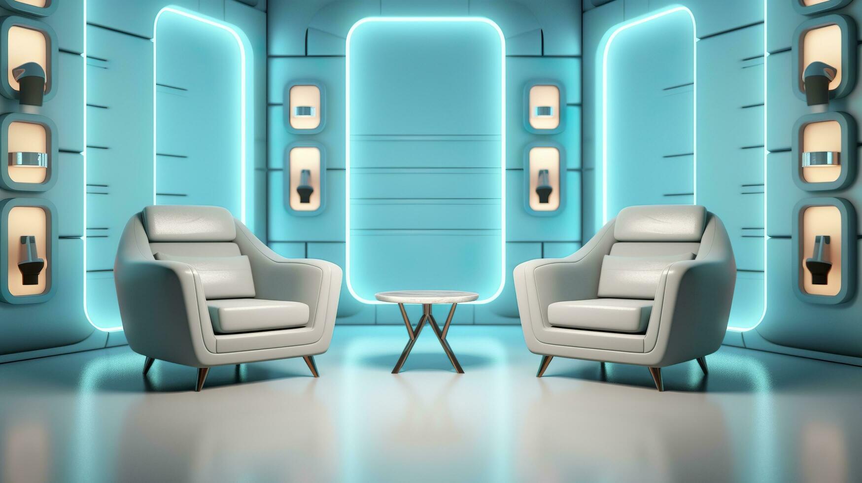 The Future of Game Shows. A Simple, Modern Setting with Two Chairs and a Whole Lot of Fun. AI Generative photo