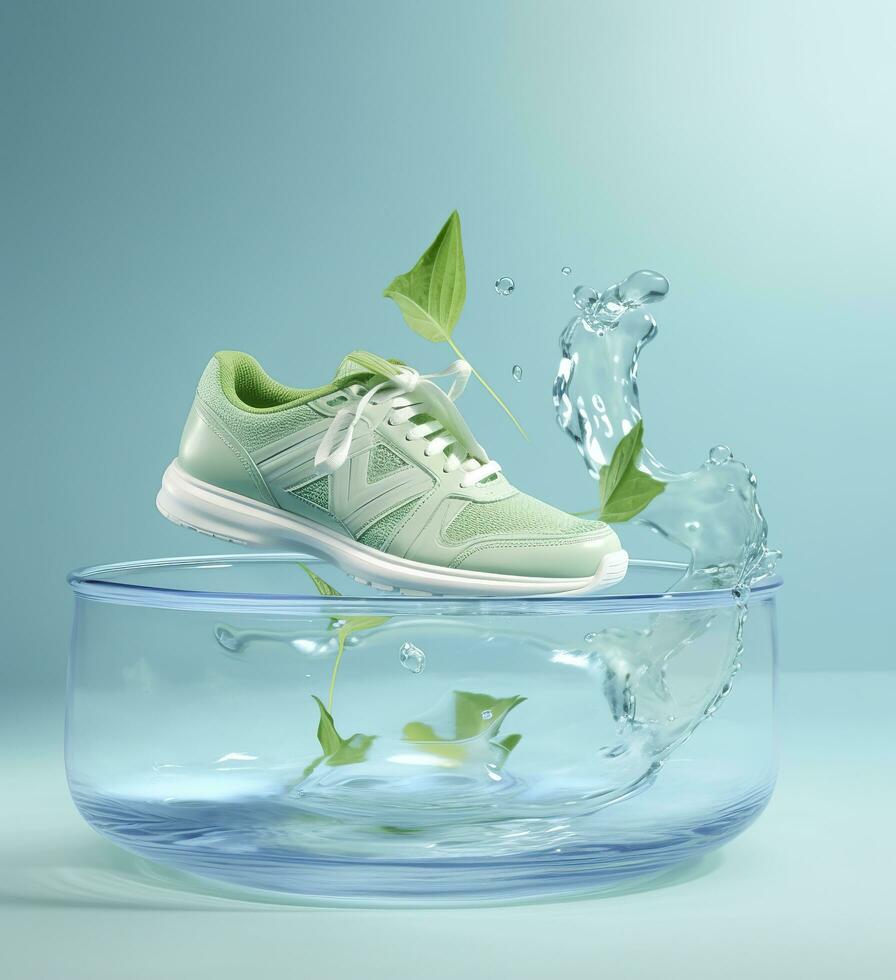 Fresh fly running shoes in water and wind in the style of natural patterns light white and light indigo ethereal illustration light blue and light green delicate still life. AI Generative photo