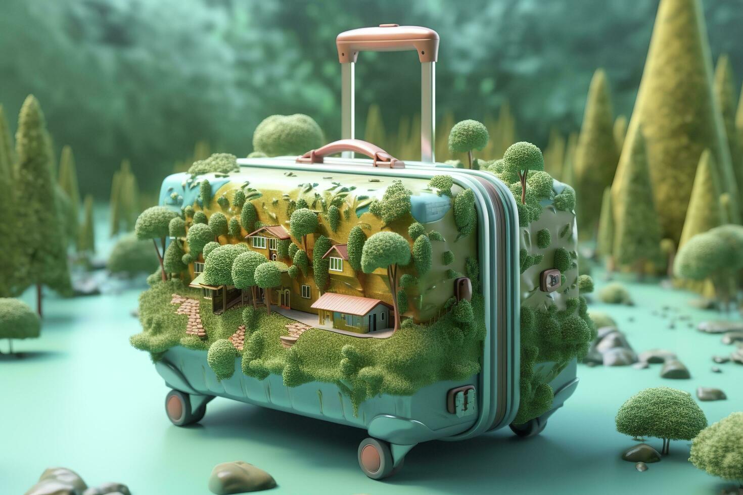 Surreal 3D Landscape Illustration of a Forest River with Luggage in Light Green and Light Blue. AI Generative photo