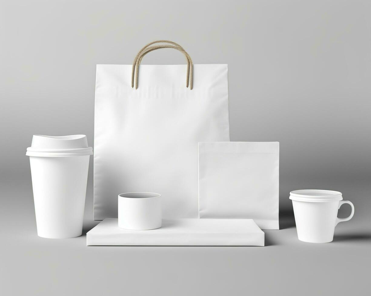 Blank bag, coffee mug, and cup on a light background. Generative AI photo