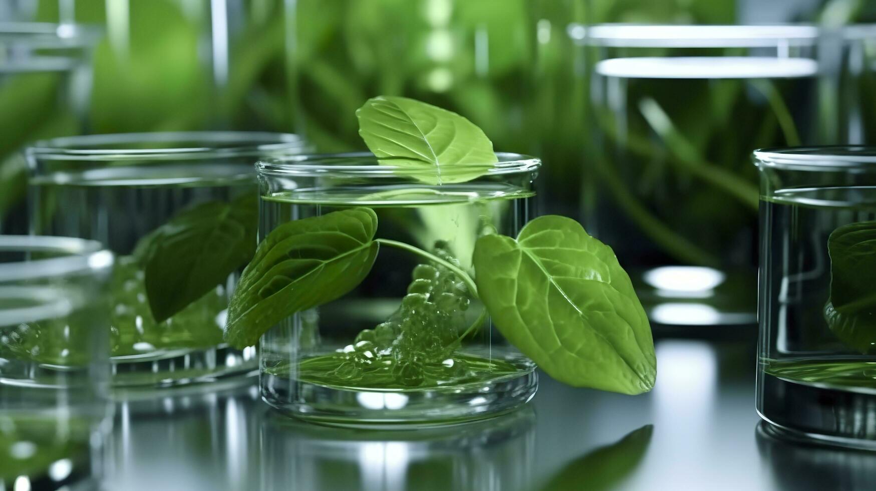 Biotechnology concept with green plant leaves, laboratory glassware, and conducting research, illustrating the powerful combination of nature and science in medical advancements.  AI Generative photo