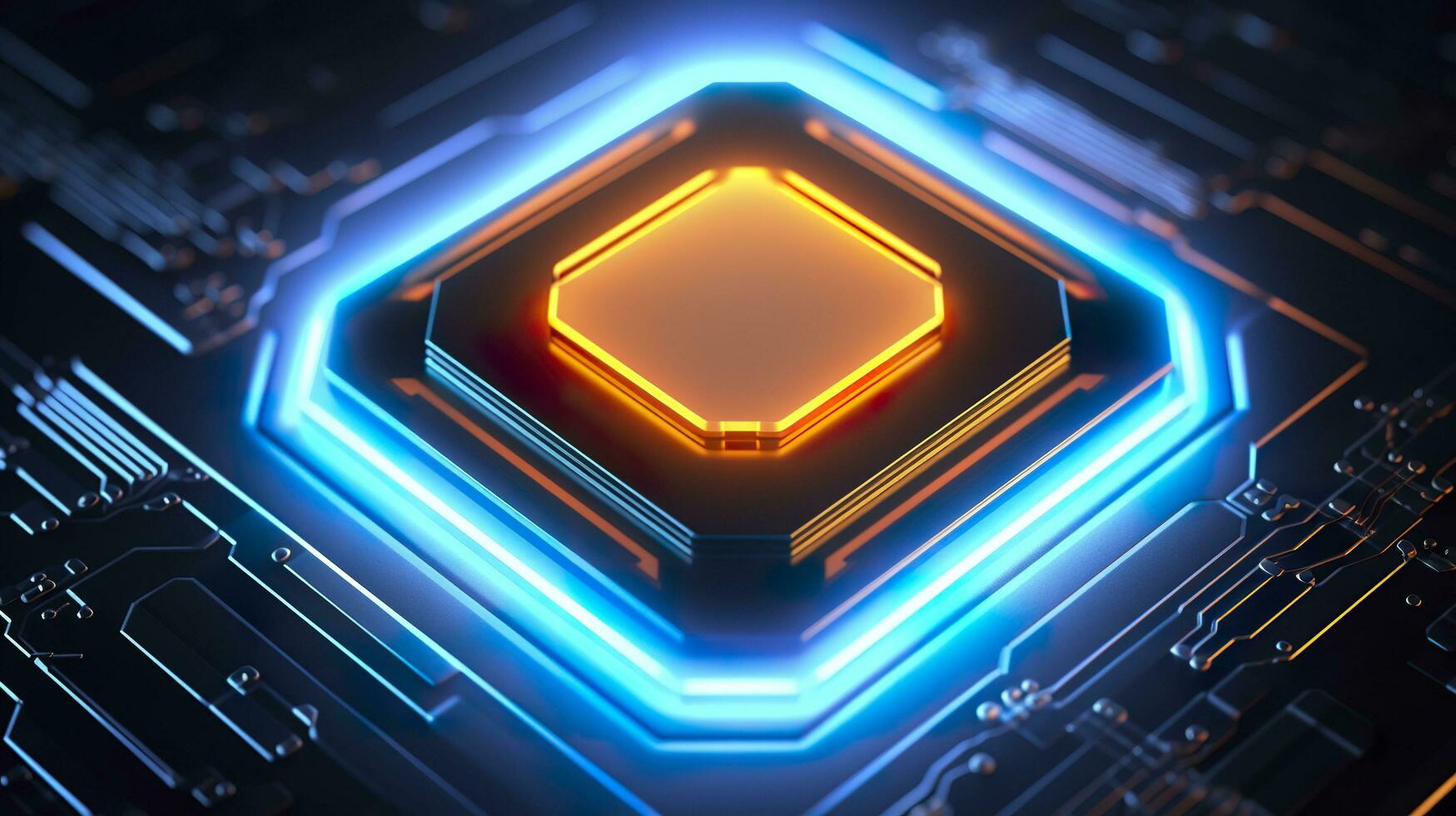 Top View of a Chip with Glowing Light and Fog in Orange and Blue. AI Generative photo