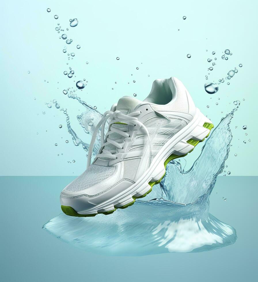 Fresh fly running shoes in water and wind in the style of natural patterns light white and light indigo ethereal illustration light blue and light green delicate still life. AI Generative photo