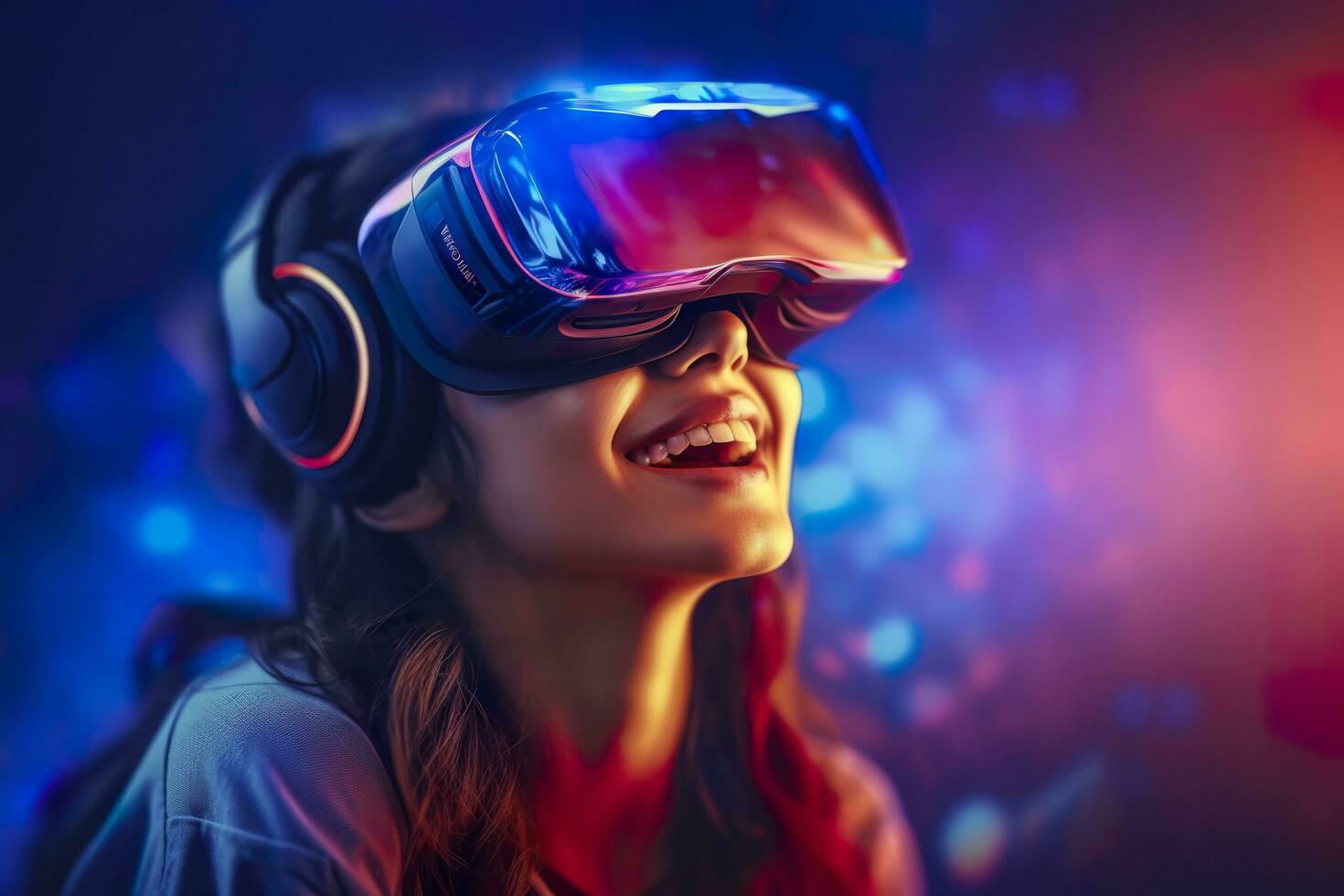 portrait of a smiling woman in casual clothes wearing Virtual Reality glasses, and playing, neo light, blurred neo color background, AI Generative photo