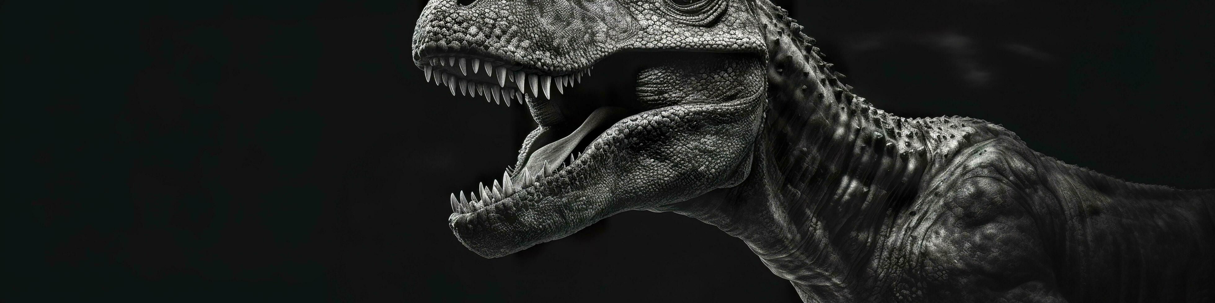 negro y blanco fotorrealista estudio retrato de un tiranosaurio rex en negro antecedentes. generativo ai foto