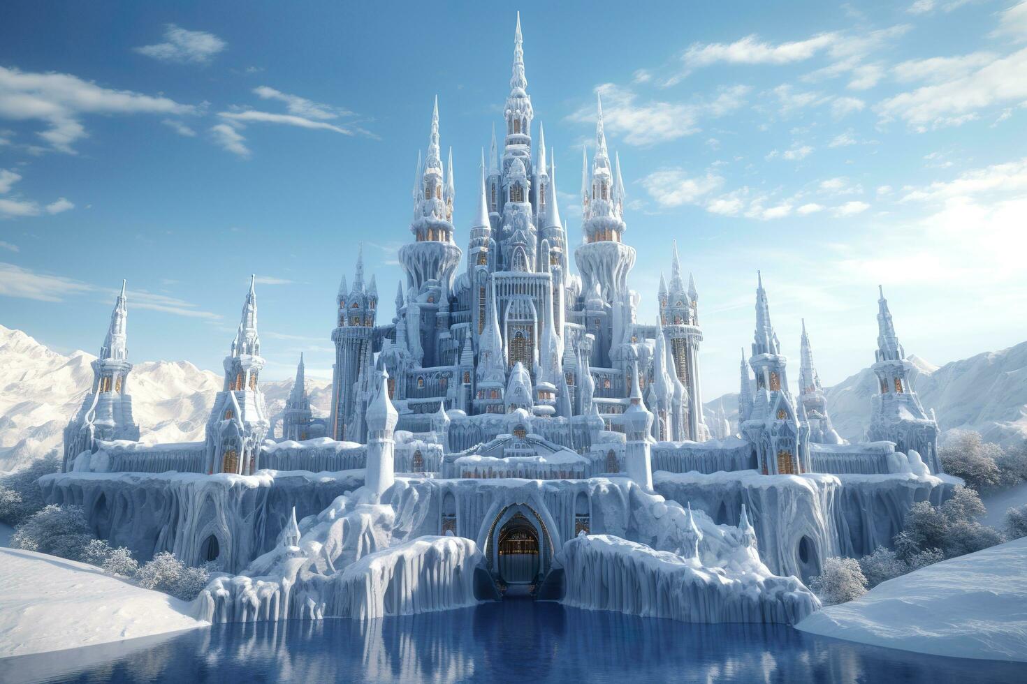 A Snowy Wonderland, A 3D Rendering of Elsa Castle in a Blue Snowy Mountain Background. AI Generative photo