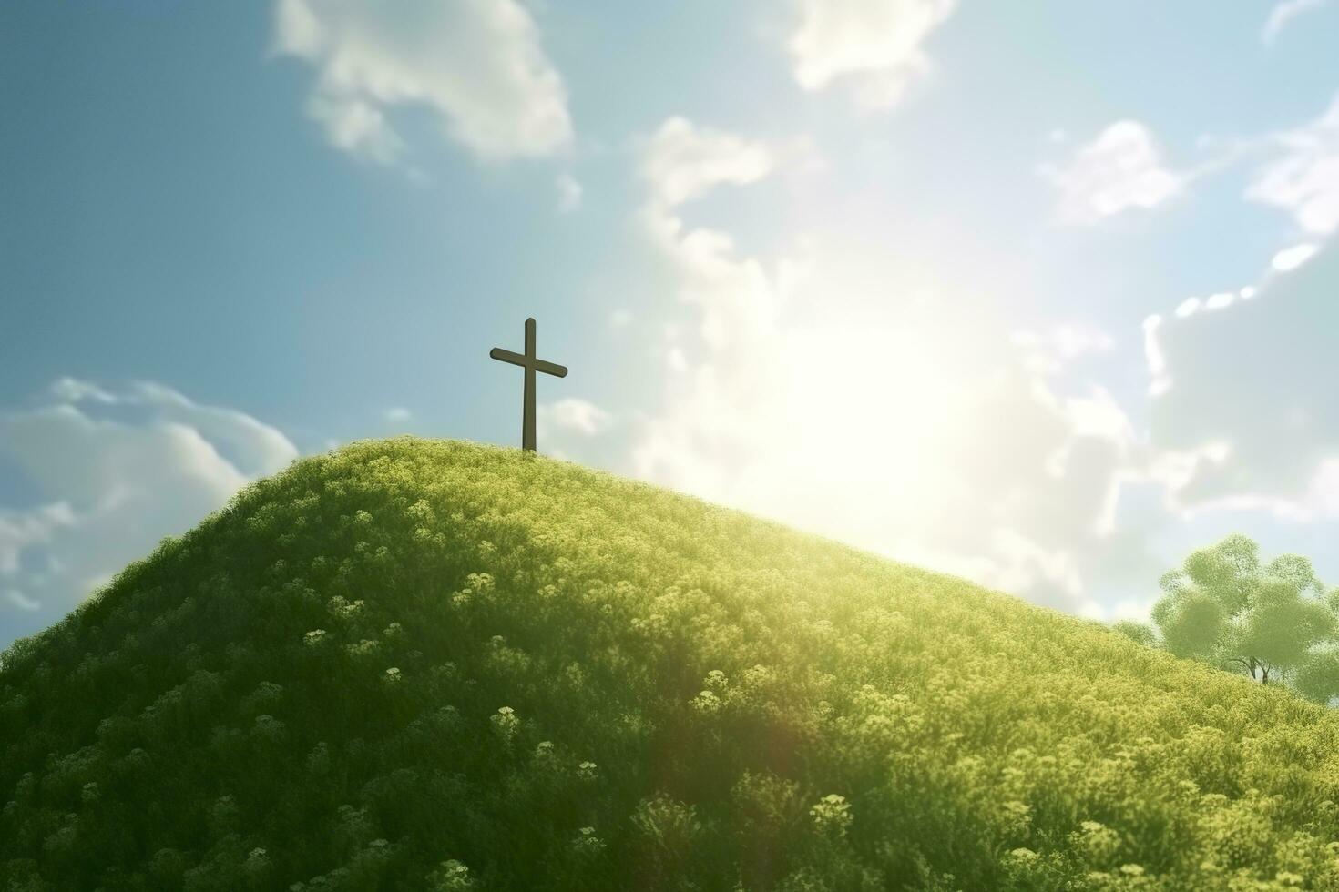 el cruzar de Dios con verde hoja, en el rayos de el Dom y azul cielo. cruzar en el colina con verde arboles y gris natural vista. religioso concepto, ai generativo foto