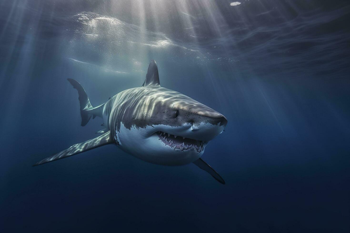 The King of the Ocean, The Great White male shark Hunter underwater view, Guadalupe island, Mexico. AI Generative photo